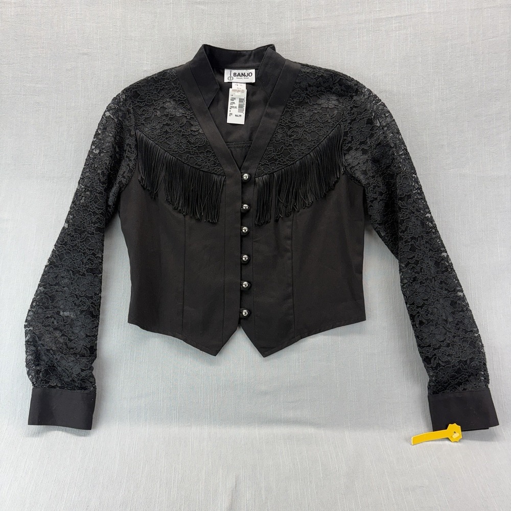 Vintage Banjo Western Fringe Lace Jacket Black Cropped Women's Medium USA